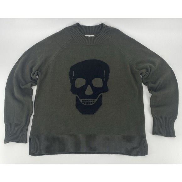 Sweet Romeo Sweaters - SWEET ROMEO  Skull Graphic Pullover Sweater Long Sleeve Military Green Womens LG